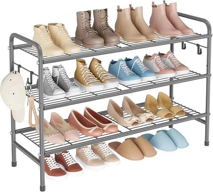 3 Tier Shoe Rack 33" Wide Metal Shoe Organizer Long Shoe Storage with 4 Side Hooks Sturdy Shoes Shelf for Front Door Entrance, Closet, Garage, Dorm, Grey-NeatNest