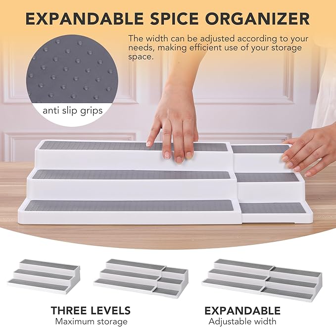 3 Tier Expandable Spice Rack Organizer, Plastic Spice Rack, Adjustable Length 14.6In-25.8In, Non-Skid Tiered Spice Shelf Organizer for Kitchen Cabinet, Cupboard, Pantry, White/Grey-NeatNest