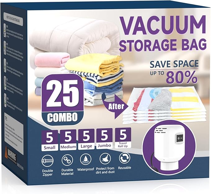 SZO 25 Pack Vacuum Storage Bags With Electric Air Pump,(5 Jumbo/5 Large/5 Medium/5 Small/5 Roll Up Bags) Vacuum Seal bags For Clothing, Space Saver Bags For Luggage, Blankets, Bedding, Moving-NeatNest