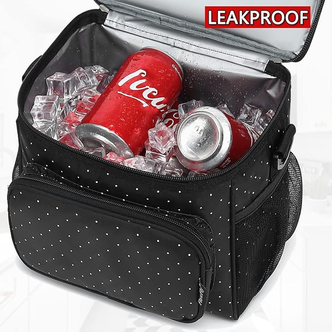 FlowFly Insulated Reusable Lunch Bag Adult Large Lunch Box for Women and Men with Adjustable Shoulder Strap,Front Zipper Pocket and Dual Large Mesh Side Pockets,Dot-NeatNest