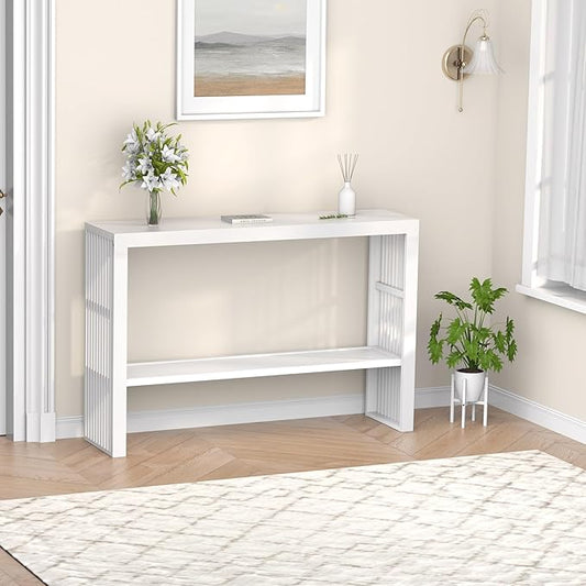 Bamboo Wood Console Table 47.2" Entryway Table, 2-Tier Farmhouse Narrow Sofa Table w/Storage Shelf, Couch Table Behind Sofa Easy Assembly for Entrance, Hallway, Living Room, Foyer(White)-NeatNest