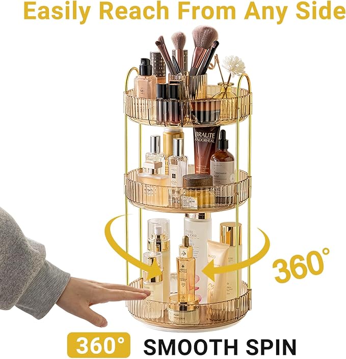 360 Rotating Makeup Organizer,3 Tier Large Capacity Make Up Organizers and Storage,Skincare Perfume Vanity Organizers,Bathroom Cosmetics Storage Organizer Countertop(Gold)-NeatNest