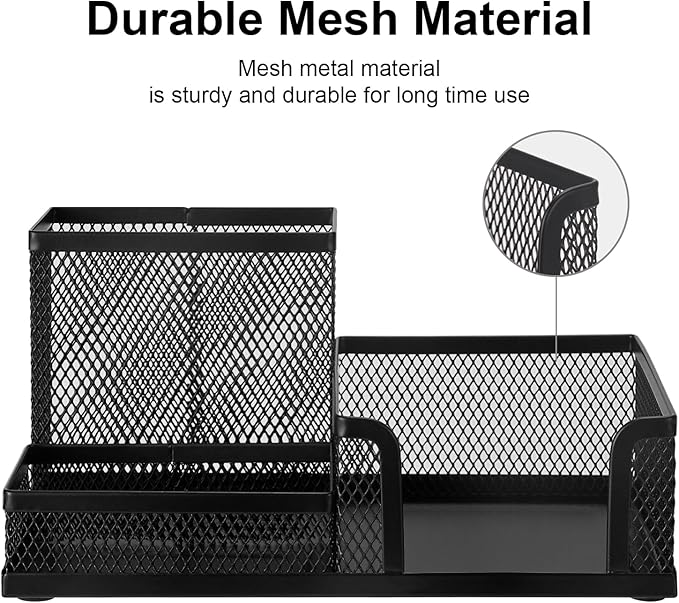 Comix Mesh Pen Pencil Holder Desk Organizer, 3 Compartment Wire Desktop Pen Pencil Cup Caddy Office Supplies Accessories for Home Office School, Black(2 Pack)-NeatNest