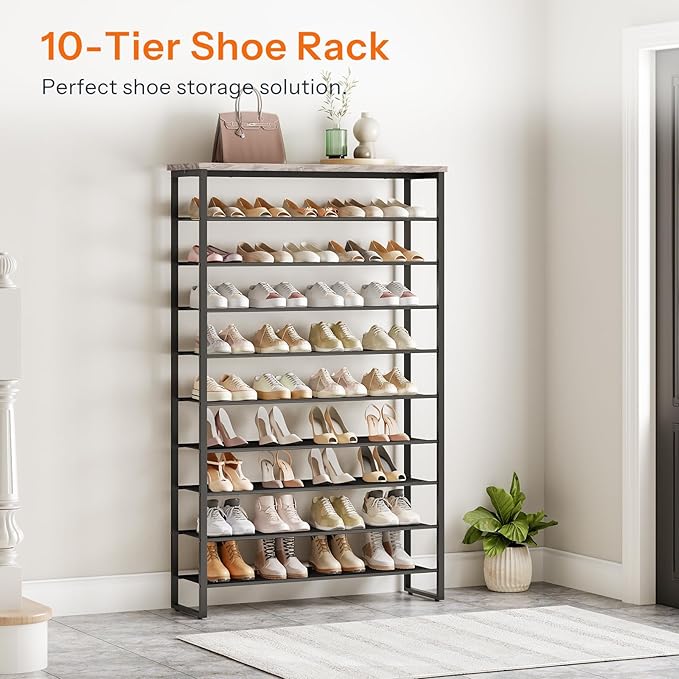 HOOBRO 10-Tier Shoe Rack, 39.4" L Shoe Storage Organizer, Large Capacity Shoe Shelf for Front Door Entrance, Entryway, Hallway, Holds 45-50 Pairs of Shoes, Closet, Greige and Black BG171XJ01-NeatNest