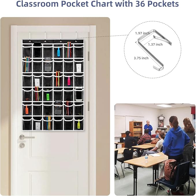 36 Clear Pockets Classroom Pocket Chart for Cell Phones,Pocket Chart Organizer for Calculator Holder with 36 Number Sticker Classroom Hanging Cell Phones Organizer (Black)-NeatNest