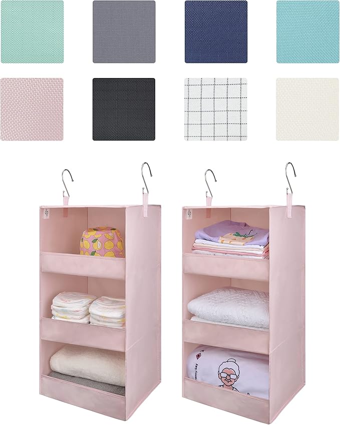 GRANNY SAYS 3 Shelf Hanging Closet Organizers and Storage, Collapsible Closet Storage Organizer with 2 Metal Hooks, Leak-Proof Hanging Shelves for Kids Clothes, Baby Towels, 2 Pack, Pink-NeatNest