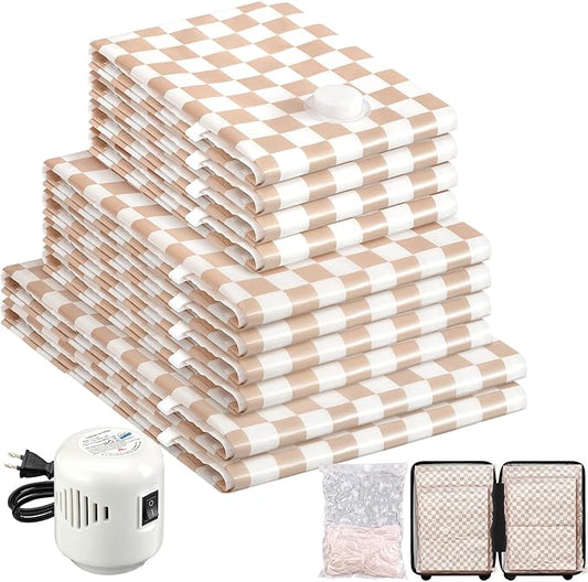 10 Pack Travel Vacuum Storage Bags with Electric Pump, 2 Large+4 Medium+4 Small Vacuum Sealer Bags, 80% Space Saver Bags for Luggage, Comforters and Blankets, Travel Essentials(Light Pink Checkered)-NeatNest