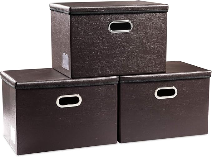 PRANDOM Large Foldable Storage Bins with Lids [3-Pack] Leather Fabric Collapsible Storage Boxes Organizer Containers Baskets Cube with Cover for Home Bedroom Closet Office Brown(17.7x11.8x11.8)-NeatNest