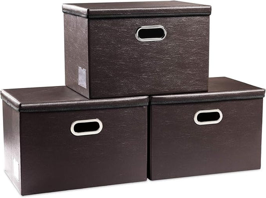 PRANDOM Large Foldable Storage Bins with Lids [3-Pack] Leather Fabric Collapsible Storage Boxes Organizer Containers Baskets Cube with Cover for Home Bedroom Closet Office Brown(17.7x11.8x11.8)-NeatNest
