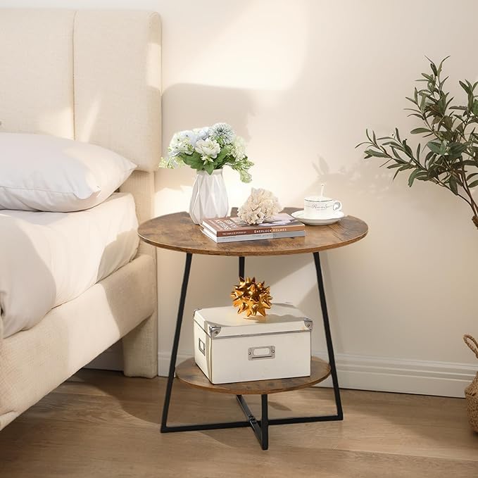 D&H FURNIMMT 20" Living Room Side Table for Small Spaces, 2 Tier Wood Top Round End Tables with Storage Shelf, Accent Sofa Table for Bedroom, Office, Sunroom, Balcony, Rustic Brown/Black-NeatNest