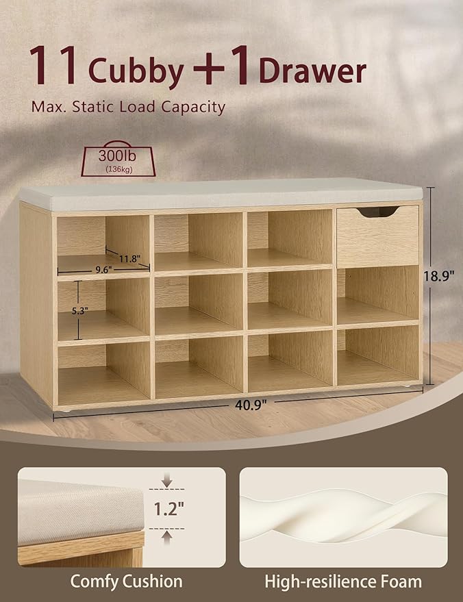 DINZI LVJ Shoe Storage Bench with Cushion, 11- Cubby Entryway Bench with Drawer and Adjustable Shelves, 40.9" Long Cubby Shoe Rack for Living Room, Bedroom, Mudroom, Natural and Cappuccino Beige-NeatNest