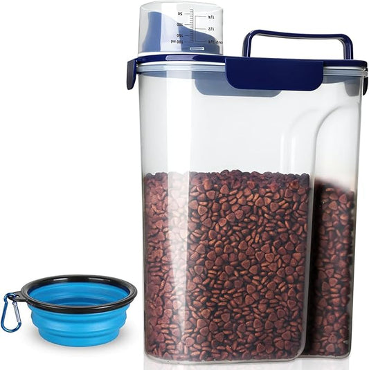 Dog Food Storage Container, 5-7 Lbs Airtight Pet Food Container, Cat food Container Dispenser with Portable Handle, Pouring Spout and a Collapsible bowl for Dogs Cats Navy Blue/6Qt-NeatNest