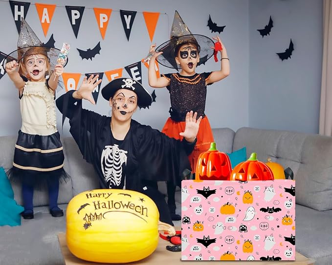 CLOCOR Rectangular Storage Basket Empty,Gift Basket for Halloween,Waterproof Storage Bin with Handles,Room Decor(Pink Ghost)-NeatNest