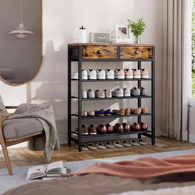 IBUYKE 5 Tier Shoe Rack, Metal Shoe Storage Organizer with 2 Drawers, Shoe Storage Rack for 12-16 Pairs of Shoes, Modern Shoe Stand with Fabric Shelf for Entryway Closet Bedroom, Rustic Brown TXJ040H-NeatNest