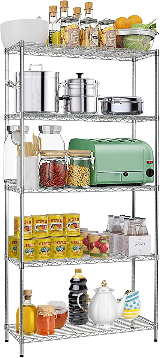 5-Tier Metal Wire Shelving Unit Snack Shelf Height Adjustable Storage Rack NSF Certified Storage Shelves 1250 Lbs Capacity Standing Utility Shelf for Laundry Kitchen Pantry Garage Organization