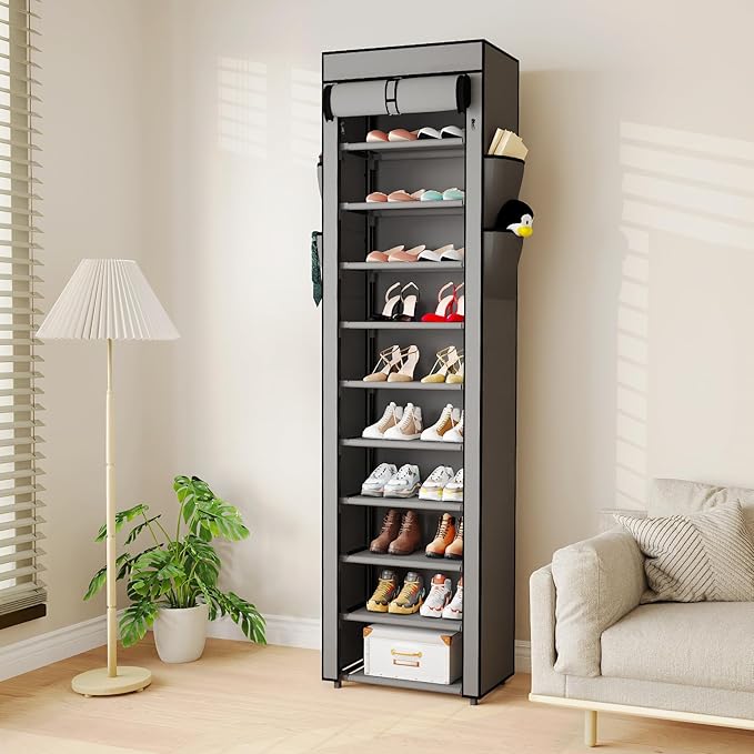 Mavivegue Shoe Rack with Cover, 10 Tier Tall Shoe Organizer for 18-22 Pairs of Shoes, Shoe Storage Organizer for Entryway, Closet, Garage, Grey-NeatNest