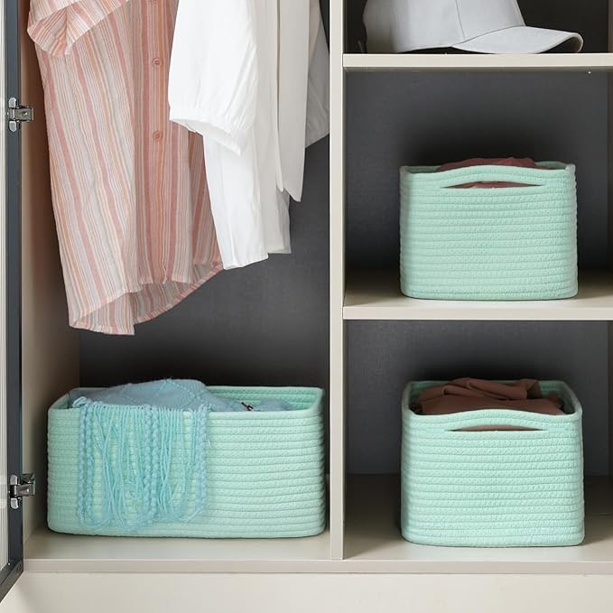 3-Pack Storage Baskets for Organizing | Woven Shelf Toy Basket | Rope Baskets for Gifts Empty | Closet Organizer Bins with Handles | Cube Decorative Box | 13.7×7.1×6.7” | Light Green-NeatNest