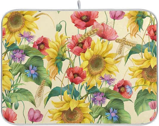 Fall Dish Drying Mat Microfiber Dish Drying Pads Kitchen Counter Draining Pad Sunflower Cornflower Poppy 16 x 18 Inches
