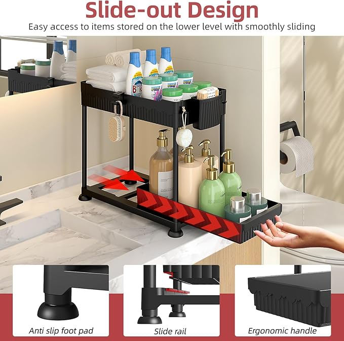 4 Pack Under Sink Organizer, Bathroom Organizers and Storage, 2 Tier Multi-Use Pull Out Cabinet Organizer with Hang Hooks and Cups (Black, 4 Pack)-NeatNest