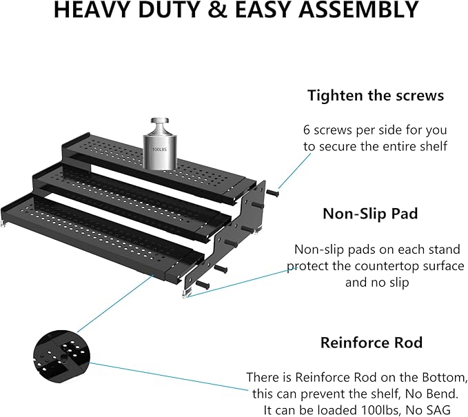 Expandable Spice Rack organizer with 3-Tier step shelf,Modern Design heavy duty,Non Skid and Visibility,Great for Kitchen Cabinet, Pantry and more(1PACK/BLACK)-NeatNest