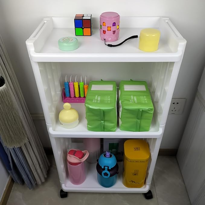 3 Tier Rolling Storage Cart Organizer Shelf on Wheels Movable Organization Rack with Wheels Shelving Unit Trolley for Bathroom Laundry Room Office Utility Cart (Taller Size)
