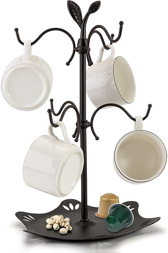 Coffee Mug Holder for Large Mugs, Mug Tree for Counter, Cup Holder for Countertop, Mug Rack with Tray, Metal Mug Tree with 6 Hooks, Coffee Counter Bar Accessory & Kitchen Home Organizer-NeatNest