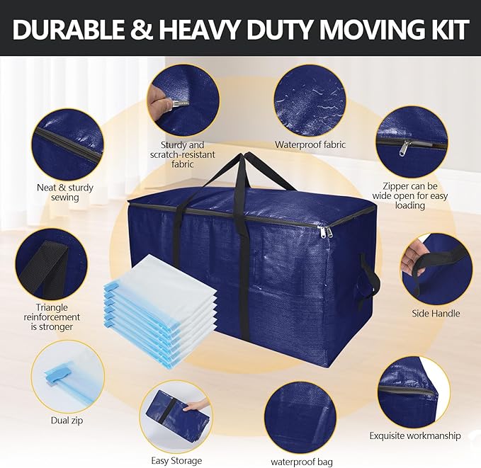 Heavy-Duty Extra Large Moving Bags with Zippers & Handles Extra Large Storage Bag Set Heavy Duty Moving Totes Dual-Way Carrying Design, (Blue, 16 Park-6 Moving bag & 10 Vacuum Seal Bags)