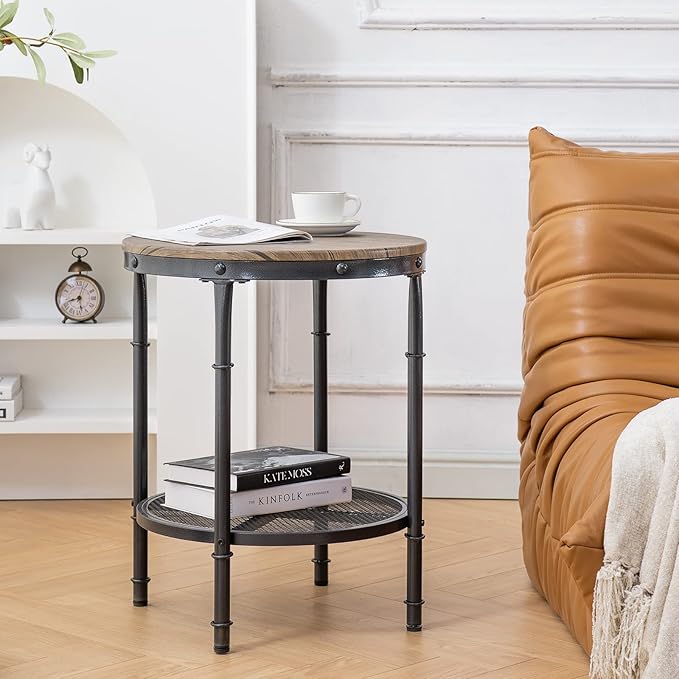 VINGLI 20" Side Table, Round End Tables Living Room, Industrial Small End Table with Metal Mesh, Rustic Farmhouse Side Tables for Bedroom, Office, Corner, Walnut