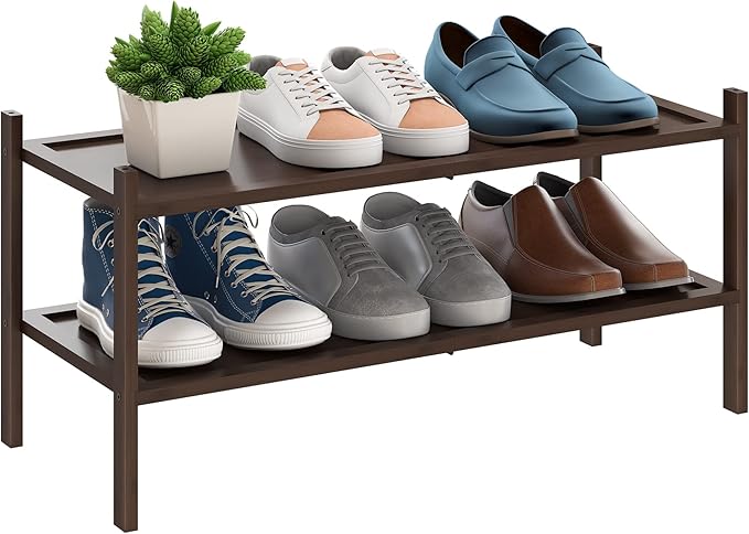 BMOSU 2-Tier Bamboo Shoe Rack Premium Stackable Shoe Shelf Storage Organizer for Hallway Closet Living Room Entryway Organizer(Brown)-NeatNest