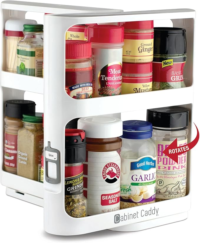 Cabinet Caddy Spice Rack Organizer for Cabinet - Slide & Rotate Kitchen Organizers and Storage - 2 Double-Decker Shelves - Non-Skid Base - Magnetic Modular Design - 10.8" H x 5.25" W x 10.8" D-NeatNest