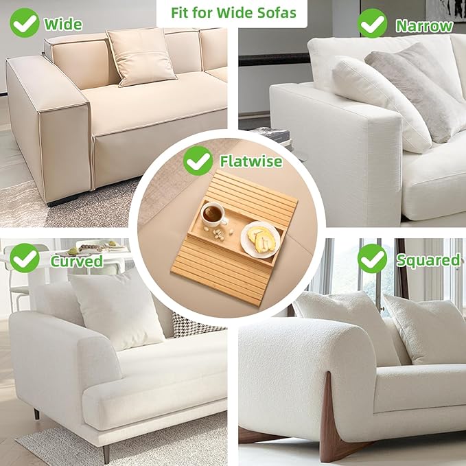 GEHE Bamboo Sofa Arm Tray, Foldable Couch Arm Tray Side Table, Anti-Falling Armrest Tables Cup Holder for Snacks, Drinks, Beers, Phone, Control, Flexible and Portable, Anti-Slip Bottom-NeatNest