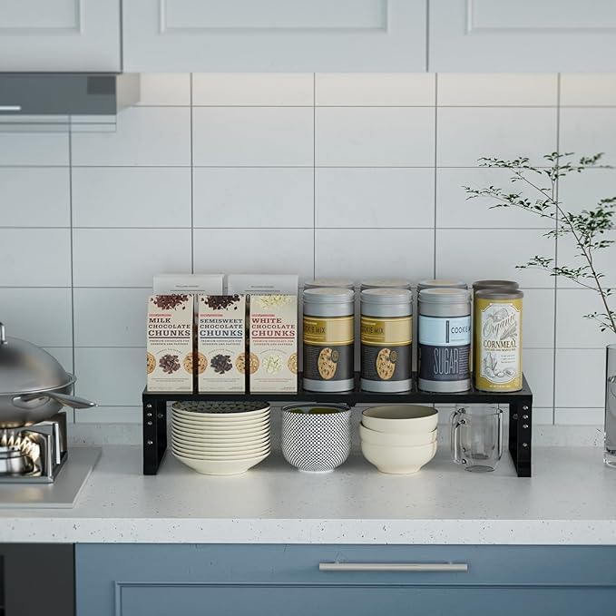 Expandable Spice Rack Kitchen Cabinet Shelf Organizer, Stackable Storage Shelves Racks, Adjustable Counter Shelving for Cabinets, Countertop, Cupboard,Pantry and More(3Packs/Black/Medium)-NeatNest