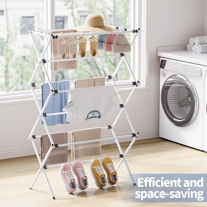 APEXCHASER Clothes Drying Rack Foldable, Laundry Drying Rack 3 Tier, Foldable Metal Clothing Dryer for Cloth Towel Shirt, Collapsible Clothe Horse Compact Storage, Clothes Airer Indoor Outdoor, White