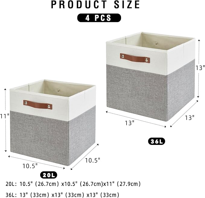 Collapsible Fabric Storage Cube Bins with 2 Reinforced PU Handles, Foldable Storage Organizer Baskets for Closet, Shelves, Living Room | 13"x13"x13", 4 Pack, Gray & White-NeatNest
