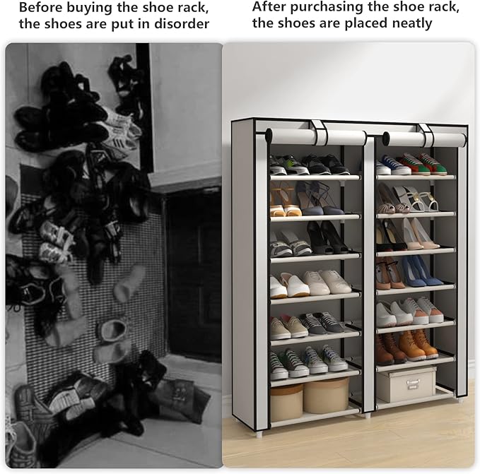JIUYOTREE Double Row Shoe Rack Storage Organizer with Big Capacity,7-Tier Shoe Cabinet,Shelf,Closet with Nonwoven Fabric Cover for 28 Pairs of Shoes,Grey-NeatNest