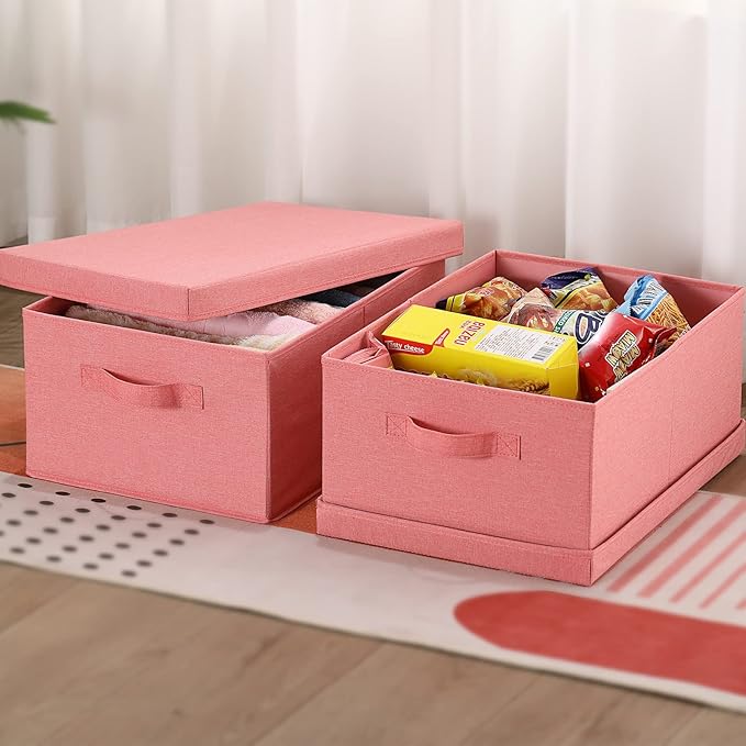 HOONEX Linen Foldable Storage Bins with Lids, 2 Pack, Storage Boxes with Carrying Handles and Sturdy Heavy Cardboard, 16.5" L x 11.8" W x 7.5" H for Shoes, Books, Clothes, Nursery, Pink-NeatNest