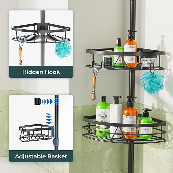 Dicasser Corner Shower Caddy - Tension Pole Rod Organizer, Floor to Ceiling 20-113 inch, Adjustable Towel Rack Waterproof Rustproof, Black