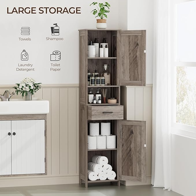 Homhedy 67" H Tall Bathroom Storage Cabinet with 2 Barn Doors and 1 Drawer, Narrow Storage Unit, Adjustable Shelves，Floor Cabinet for Bathroom, Living Room, Entryway, Kitchen, Greige, (15.7" W)