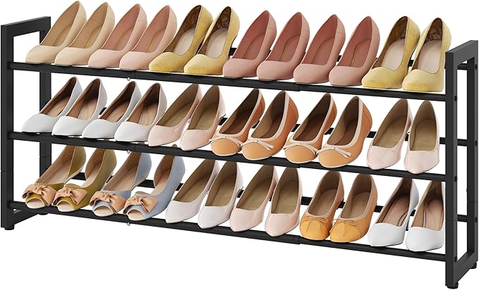 FAVOOSTY 3-Tier Expandable Shoe Rack, Adjustable Shoe Shelf Storage Organizer Space Saving Metal Free Standing Shoe Rack for Entryway Closet Doorway, Black-NeatNest