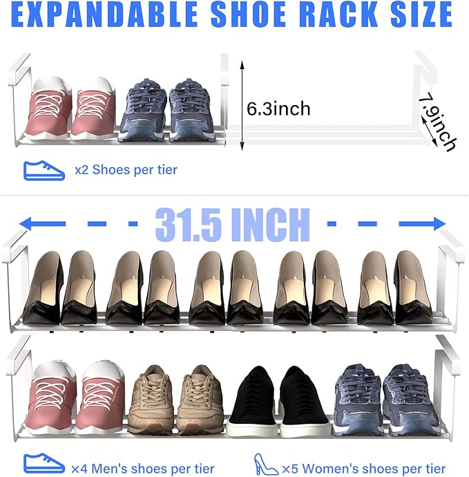 2 Pcs Expandable Shoe Rack Organizer for Closet 16.5-31.5 Inch Adjustable Retractable Hanging Cabinet Shoe Shelf Dorm Room Storage for Space Saving (White)-NeatNest