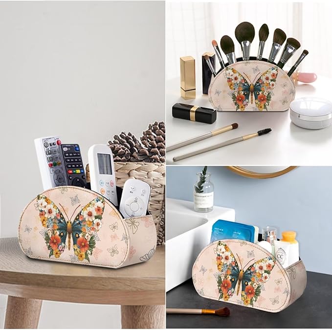 Creative Floral Butterfly Print TV Remote Holder with 5 Compartments, Office Desk Organizers - Nightstand Organizers/Bedside Table Accessory, Storage for Controllers/Media Players Yellow-NeatNest