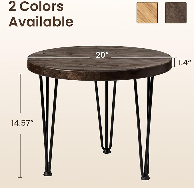 Fun Memories Round Coffee Table - Elm Wood Nesting Table with Metal Legs & Non Slip Feet Base - Rustic Nesting End Tables for Living Room Bedroom - 20" D x 20" W x 16" H - Walnut Color