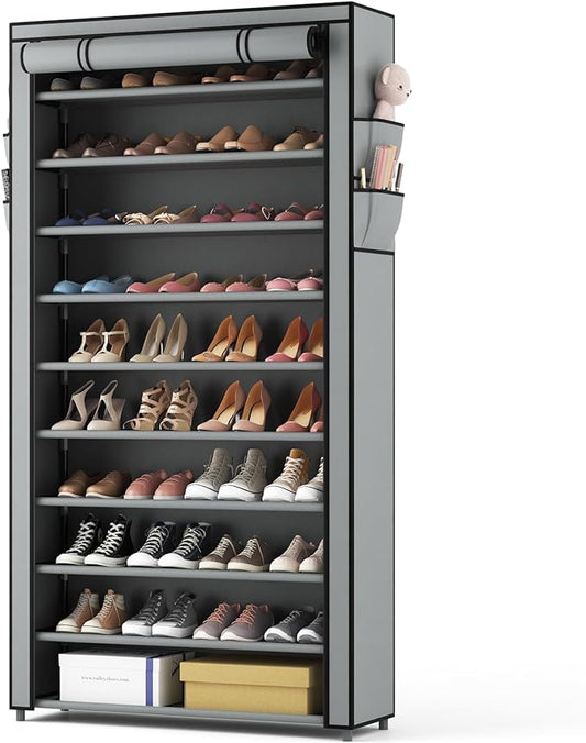 ROJASOP Shoe Rack with Covers, Stackable 10 Tier Tall Shoe Shelf Storage 50-55 Pairs Shoes and Boots Large Capacity Vertical Shoe Rack Organizer for Closet Entryway Garage Bedroom, Grey-NeatNest