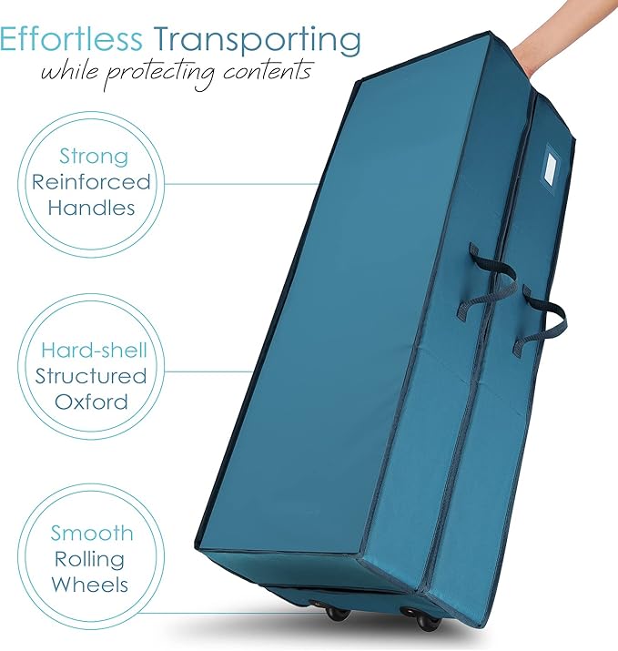 Hearth & Harbor Wrapping Paper Storage Container with Ribbon Dispenser and Interior Pockets - Large Christmas Storage Containers with Wheels, Fits 30 Rolls of 40" Length, Blue-NeatNest