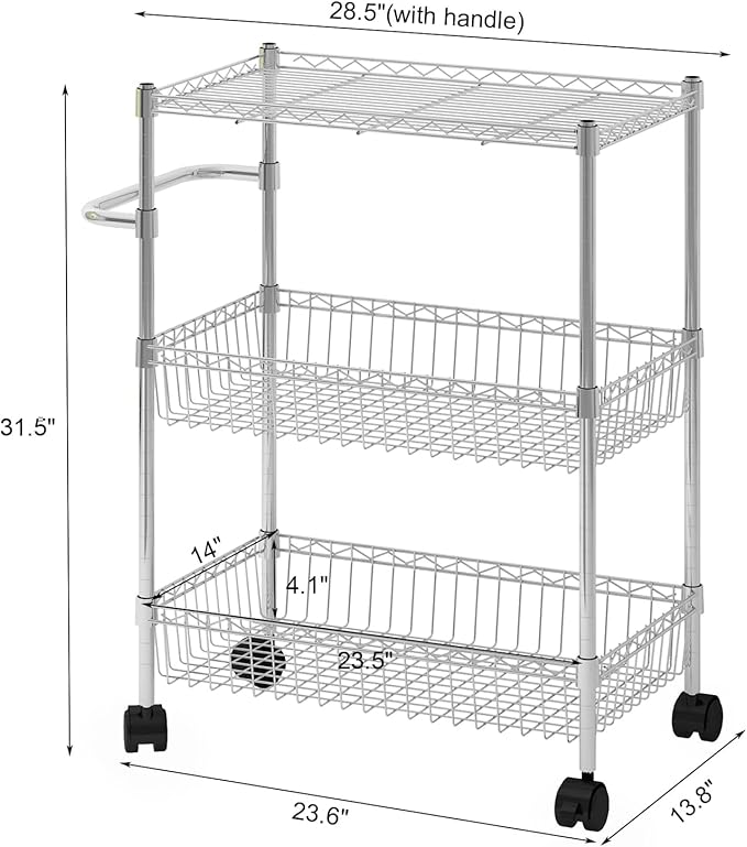 3 Tier Rolling Storage Cart with Adjustable Wire Shelving, 360-Degree Rotating Wheels with Brakes, Sturdy Carbon Steel Build, Versatile for Kitchen, Bathroom, and Office