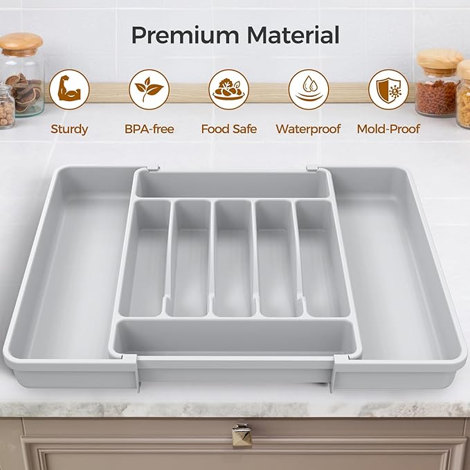 Extra Large Expandable Silverware Organizer, BPA-Free Food-Safe Cutlery Flatware Organizer, Kitchen Utensil Drawer Organizer, Adjustable Silverware Holder for Spoons Forks Knives, Gray-NeatNest