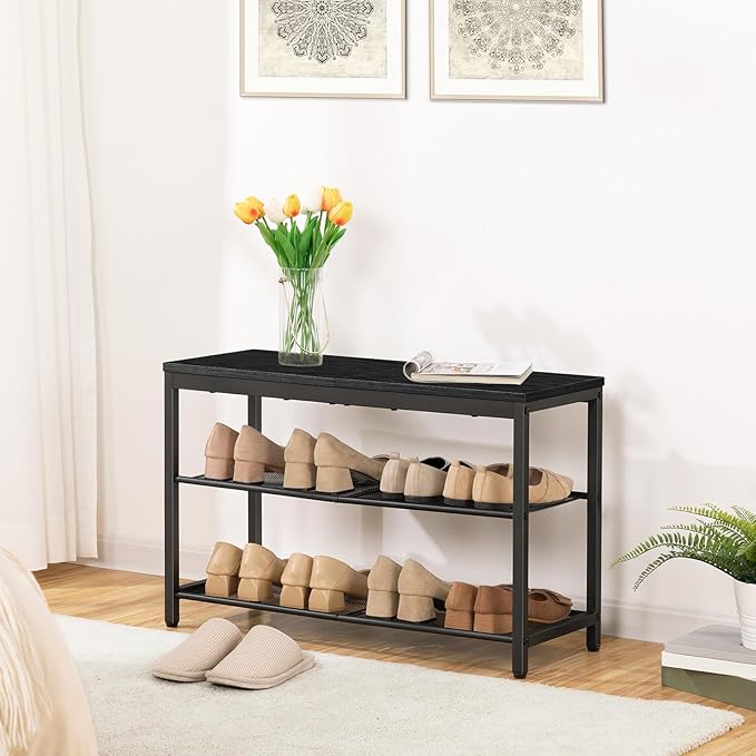 HOOBRO Shoe Bench, 3-Tier Shoe Rack, Industrial Shoe Organizer Storage Bench, 29.5 inches Entry Bench with Mesh Shelves, for Entryway, Living Room, Hallway, Easy Assembly, Black BB75HX01-NeatNest