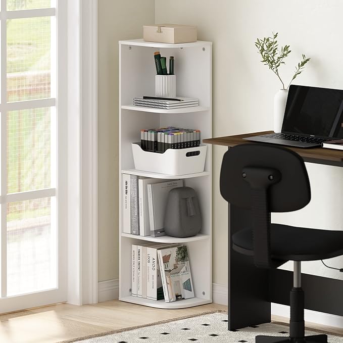 Furinno Pasir 4-Tier Corner Open Shelf Bookcase, White-NeatNest