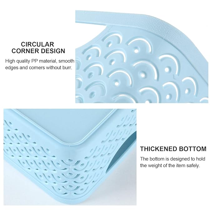 5 Pack Plastic Storage Baskets, Portable Blue Fish Scale Pattern Hollow Desktop Storage Bin Box with Handle for Kitchen, Bathroom, Kids Room or Nursery Storage – 9.4 x 7.1 x 4.1 inches