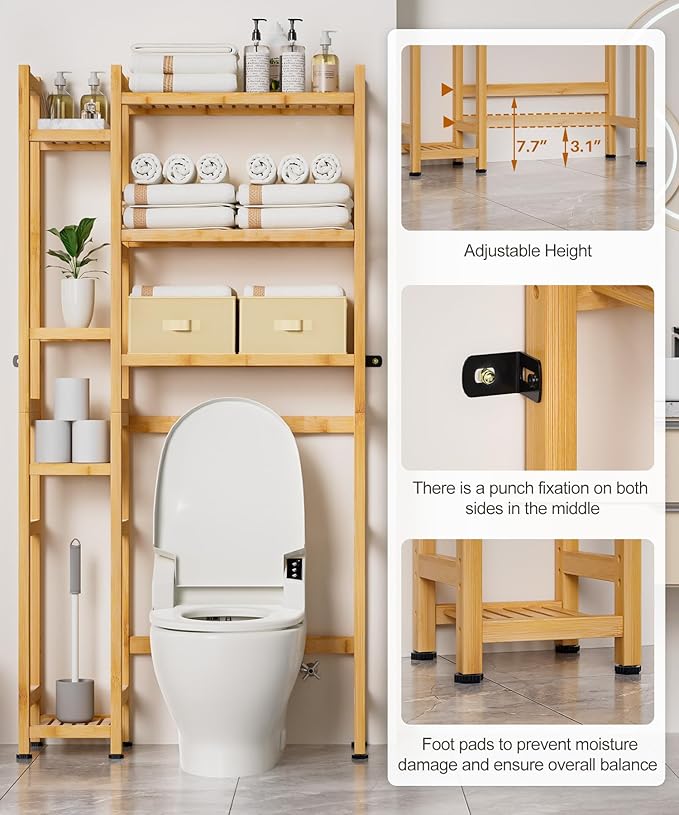 Homde Over The Toilet Storage with Basket and Drawer, Bamboo Bathroom Organizer with Adjustable Shelf & Waterproof Feet Pad, Space Saver Rack for Restroom, Laundry,Natural-NeatNest